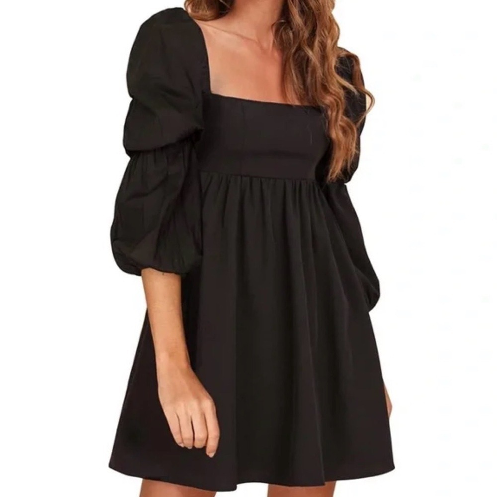 EXLURA New Collection Black Puff Sleeve Babydoll Mini Dress Square Neck Small